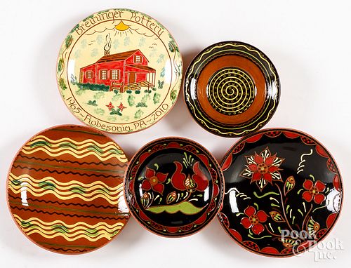 Five Lester Breininger redware plates