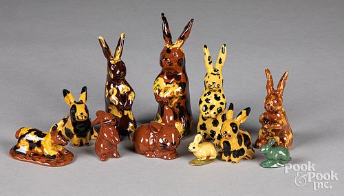 Eleven Lester Breininger figural redware rabbits