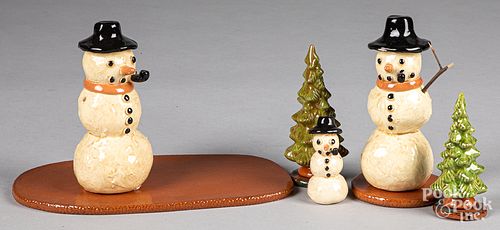Three Lester Breininger figural redware snowmen