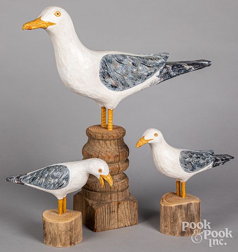 Three Jonathan Bastion carved and painted seagulls