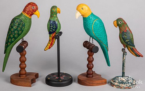 Four Jonathan Bastion carved and painted parrots