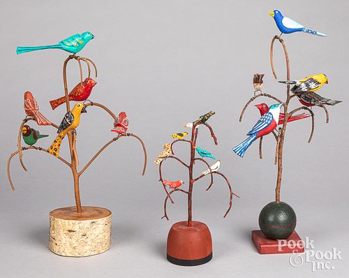 Three Jonathan Bastion carved bird trees