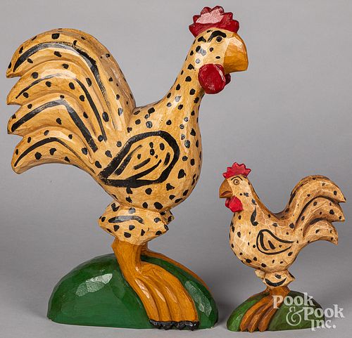 Two Jonathan Bastion carved Schimmel style rooster