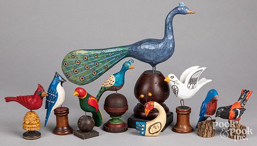 Nine Jonathan Bastion carved and painted birds