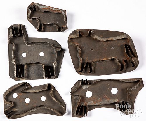 Five tin animal cookie cutters, 19th c.