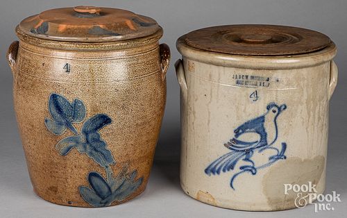 Two four gallon stoneware crocks, 19th c.