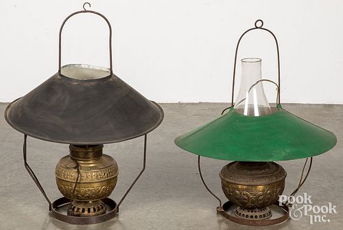 Pair of brass hanging lights, late 19th c.