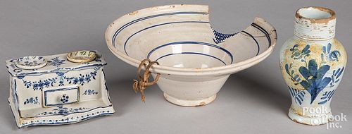 Delft barber bowl, inkwell, and small pitcher
