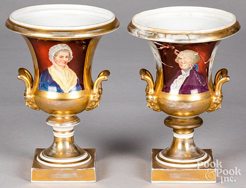 Pair of painted porcelain urns, early 20th c.