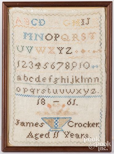 Unusual small silk on linen sampler, dated 1861