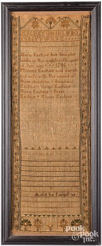 Silk on linen band sampler, dated 1785