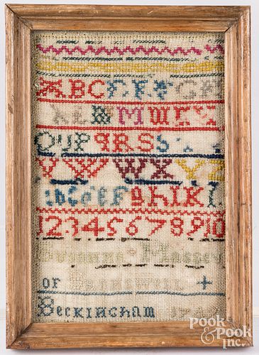 Small English wool on linen sampler, dated 1749