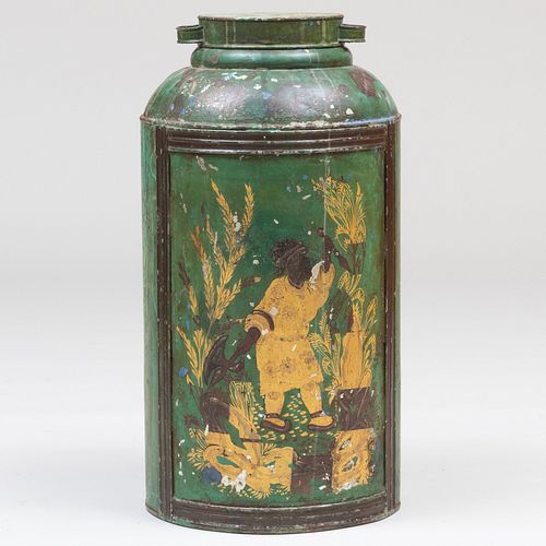 Green Painted TÃ´le and Parcel-Gilt Tall Storage Canister