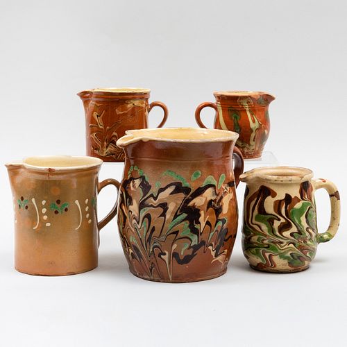 Group of Five Glazed Earthenware Pitchers, Probably American 