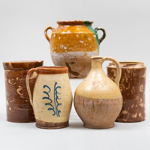 Group of Five Glazed Earthenware Vessels and Canisters, Probably American 