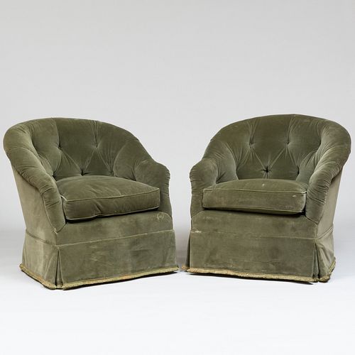 Pair of Green Velvet Tufted Upholstered Swivel Tub Chairs