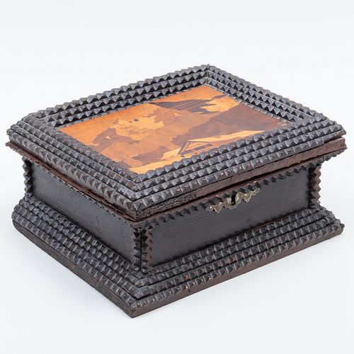 Tramp Art Table Box with Marquetry Top