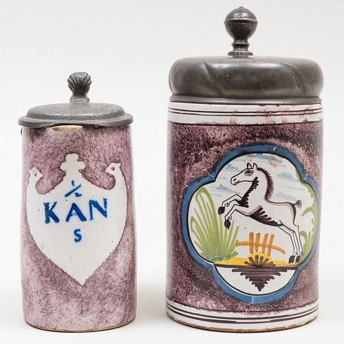 Pair of Pewter Mounted Continental Faience Tankards