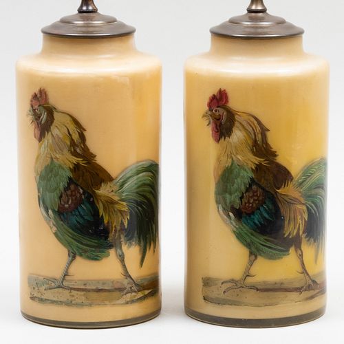 Pair of Opaque Painted Glass Lamps with Cockrels