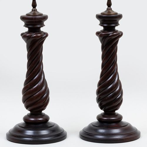Pair of Carved Spiral Twist Wood Lamps