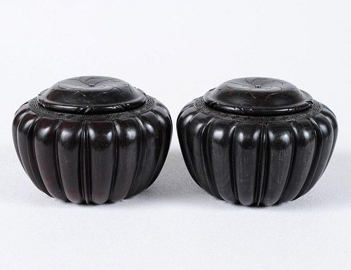 GOOD PAIR OF CARVED ZITAN WOOD BOXES AND COVERS