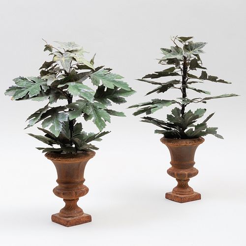 Pair of TÃ´le and Cast Metal Models of Leafy Urns