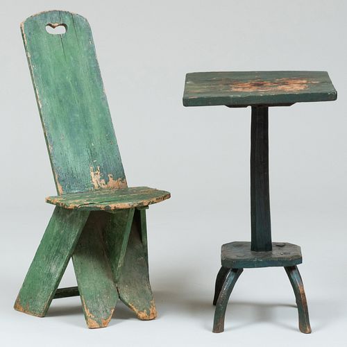 American Rustic Blue Painted Side Table with a Green Painted Milking Chair