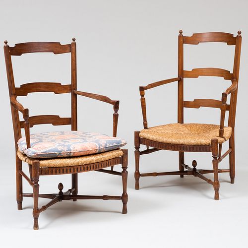 Pair of Fruitwood Ladder Back Armchairs with Rush Seats