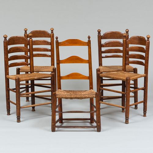 Group of Four Oak Ladder Back Chairs with Rush Seats, Together With A Cherry Ladder Back Chair