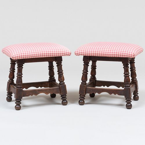 Pair of Charles II Style Provincial Oak Upholstered Joint Stools