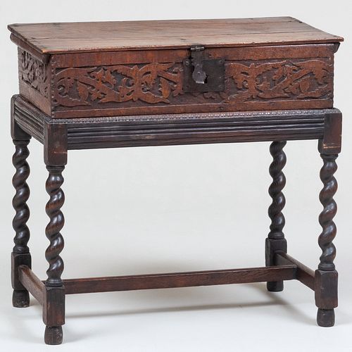 Charles II Carved Oak Document Box on a Later Stand