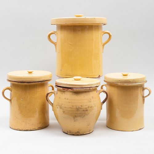Group of Four Glazed Earthenware Cannisters and Four Covers, Probably American 