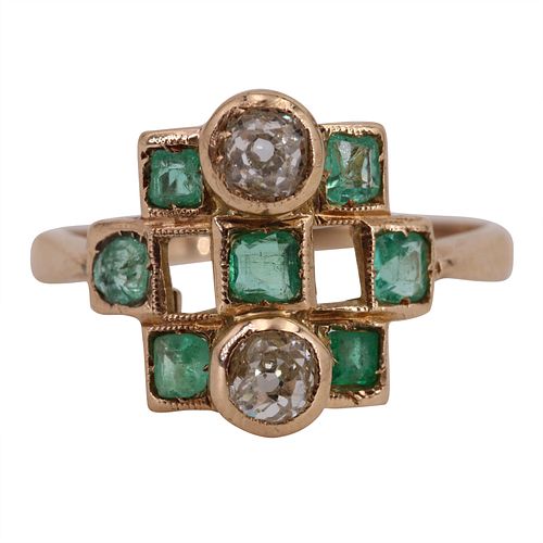 Art Deco 18k Gold Ring with Diamonds & Emeralds