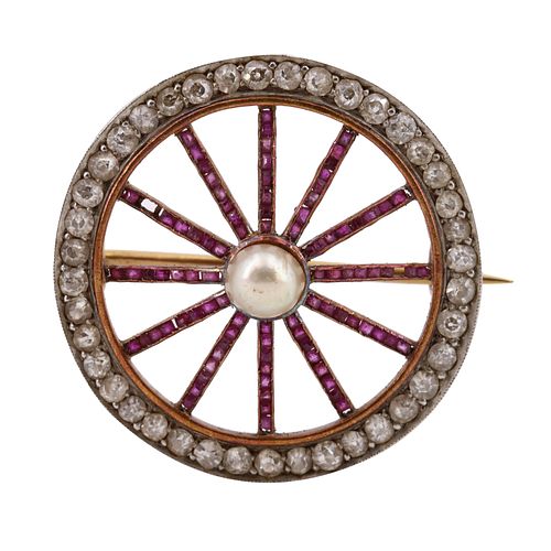 Art Deco 18k gold Wheel Brooch With Diamonds & Rubies