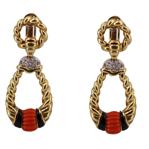 Mid Century 18k Gold Diamonds & Coral Earrings