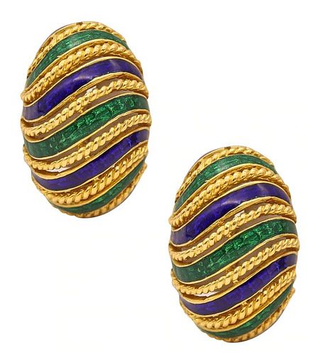 Italy Earrings in textured 18 k gold with Guilloche Enamel