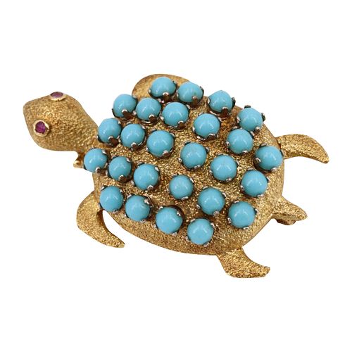 Turqouises & 18k Gold Turtle Brooch