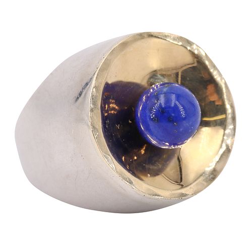 Mid Century 14k Yellow Gold Sterling & Lapis Ring