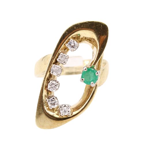 Asymmetric 14k Gold Ring with Emeralds & Diamonds