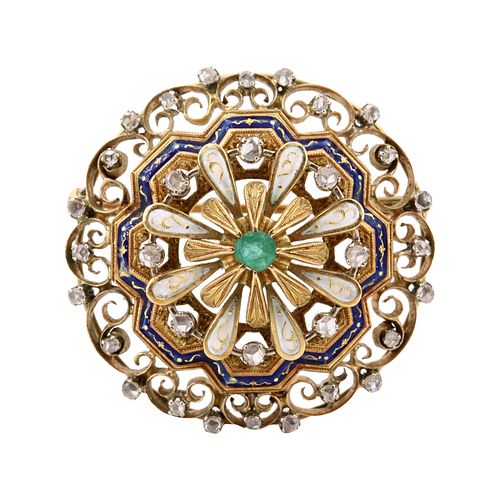 18k Gold Enamel with Diamonds & Emerald Pendant/Brooch