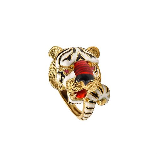 Frascarolo Enameled Tiger Cocktail Ring in 18K Gold With Rubies
