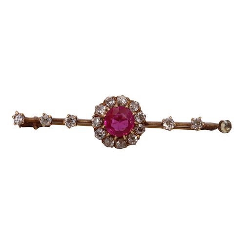 Antique 18k Gold Pin Brooch with Diamonds & synthetic Ruby