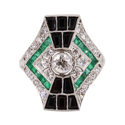 Diamond, Onyx & Emerald Platiinum Ring