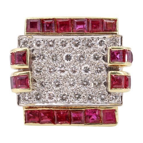 Art Deco 18k Gold Ring with Rubies & Diamonds