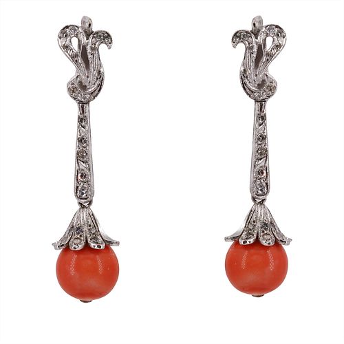 Coral and Diamonds 18k Gold Earrings