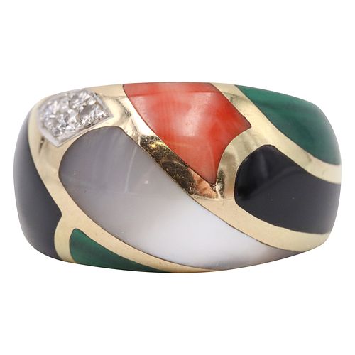 14K Designer Asch Grossbardt Gemstone Inlay & Diamond Ring
