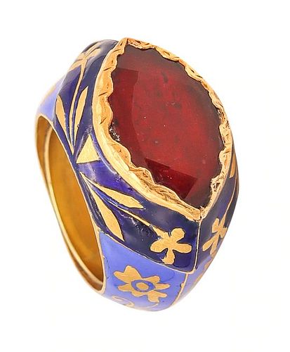 Victorian enamel & 18k gold Ring with 6.57 Cts Ruby