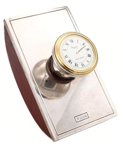 Asprey London 1994 Desk blotter clock in .925 sterling 18k vermeil & Wood