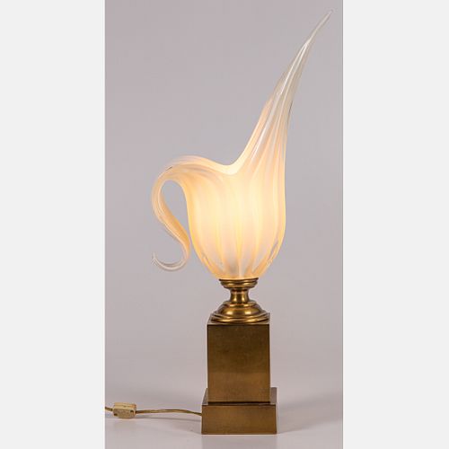A Deco Style Blown Glass and Brass Table Lamp