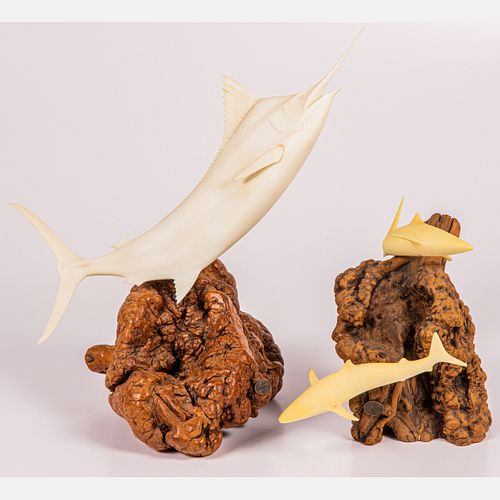 Two Balanite and Driftwood Sculptures Depicting Sea Life